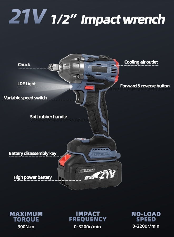 ALongDeng 21V Cordless Brushless Power Tool Set (3-in-1) - Impact Drill (23 Torque 1150RPM) +300N·m Impact Wrench  125mm Angle Grinder (9500RPM) with 6.0Ah Lithium Battery Storage Case for Home Repair DIY  Light Construction - Image 2